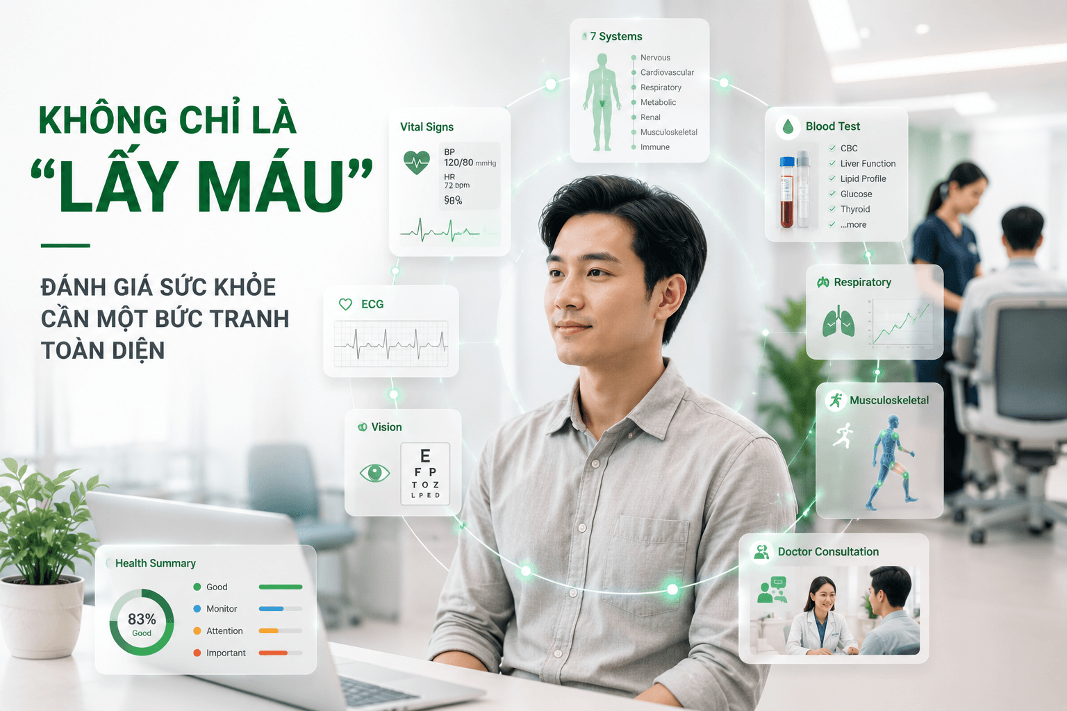 Nhân viên thực hiện khám sức khỏe toàn diện với các hạng mục kiểm tra và dữ liệu sức khỏe tại phòng khám